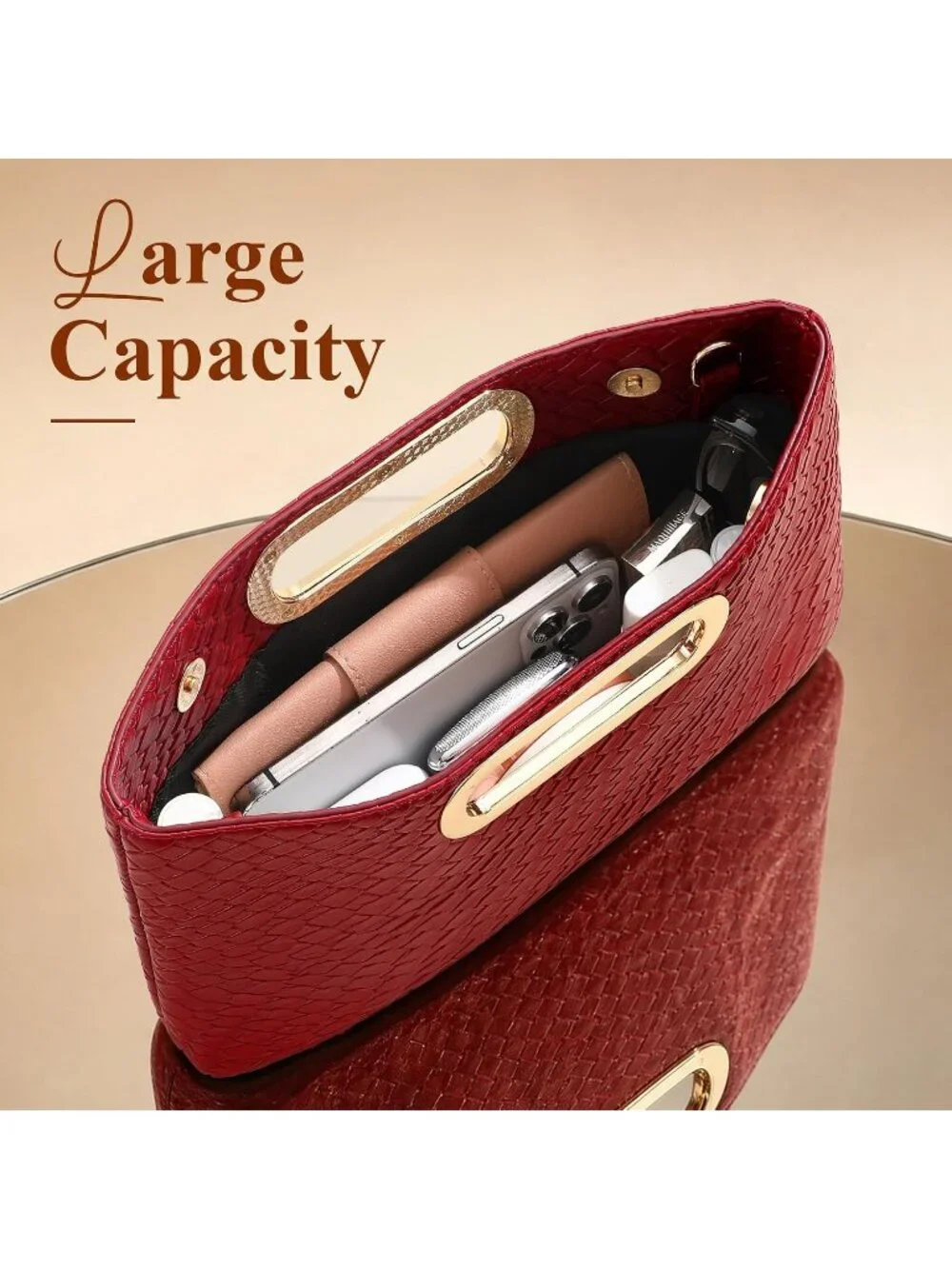 Womens Burgundy Clutch Handbag Modern Faux Leather with Metal Handle Evening Bag